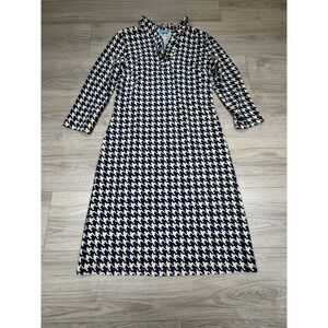 J.McLaughlin Navy Cream Houndstooth Catalina Cloth Dress Ruffle Neck A-Line Sz M